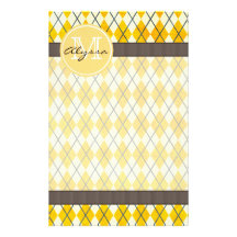Monogrammed Yellow Argyle Customized Stationery
