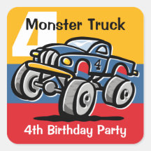 Monster Truck 4th Birthday Square Sticker