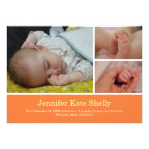 Montage 3 photo orange baby birth announcement invitations