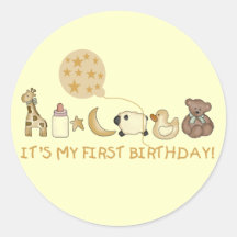Moon,Stars, and Animals First Birthday Round Sticker