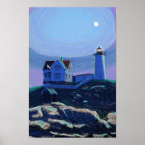 Moonlit Nubble Lighthouse Poster / Print