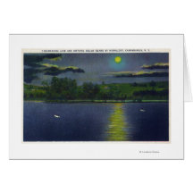 Moonlit View of Historic Squaw Island and Lake Greeting Card