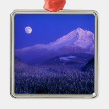 Moonrise over Mt Hood winter, Oregon Christmas Tree Ornaments