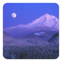 Moonrise over Mt Hood winter, Oregon Square Stickers