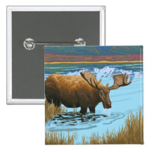 Moose Drinking at Lake - Glacier National Park, Pinback Button