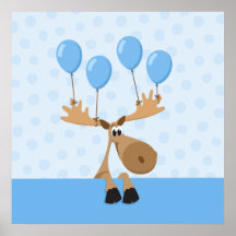 Moose with blue balloons kids poster print