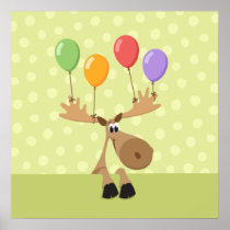 Moose with colourful balloons kids poster print