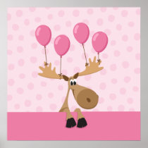 Moose with pink balloons kids poster print