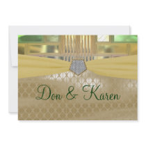 Mosaic Green & Gold Squares & Triangles Wedding Announcements