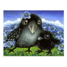 Mother and baby raven post card