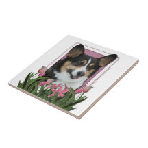 Mothers Day - Pink Tulips - Corgi - Owen Ceramic Tile
