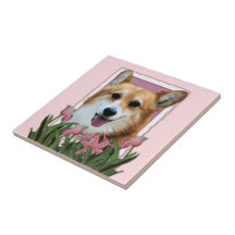 Mothers Day - Pink Tulips - Corgi - Owen Ceramic Tile