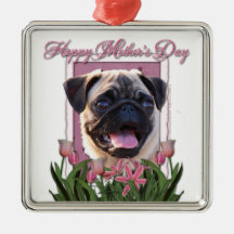 Mothers Day - Pink Tulips - Pug Christmas Ornament