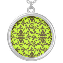 motif brun de damassé de vert d'oiseau et de chaux colliers personnalisés