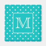 Motif de point turquoise et blanc de polka. Monogr Aimant Pour Réfrigérateur