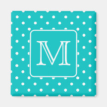 Motif de point turquoise et blanc de polka. Monogr Aimant Pour Réfrigérateur