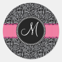 Motif floral de damassé grise noire initiale de mo autocollants ronds