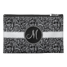 Motif floral de damassé grise noire initiale de mo trousses à accessoires de voyage