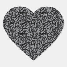 Motif floral élégant de damassé noire et argentée autocollant en cœur