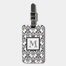 Motif noir 2 de damassé avec votre monogramme étiquettes pour bagages