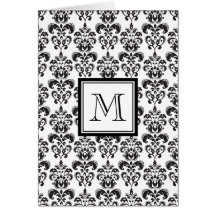 Motif noir 2 de damassé avec votre monogramme cartes de vœux