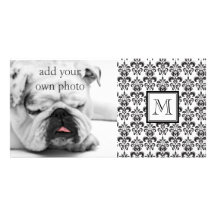 Motif noir 2 de damassé avec votre monogramme carte avec photo