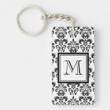 Motif noir 2 de damassé avec votre monogramme porte-clés