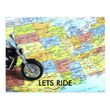 Motorcycle on Map of USA, LETS RIDE Post Card