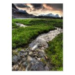 Mountain creek descends through meadow toward post cards