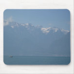 mountains with boat on lake mouse pad