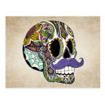 Moustache Sugar Skull Colour Postcard