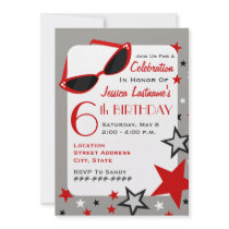 Movie Star Red Sunglasses & Stars Girl's Birthday Custom Invitations