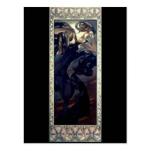 mucha art deco night star black dress woman post card