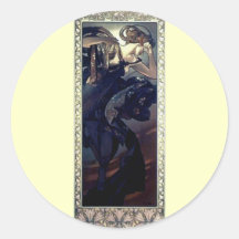mucha art deco night star black dress woman round stickers