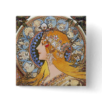 Mucha Art Nouveau Button -  Zodiac  - La Plume