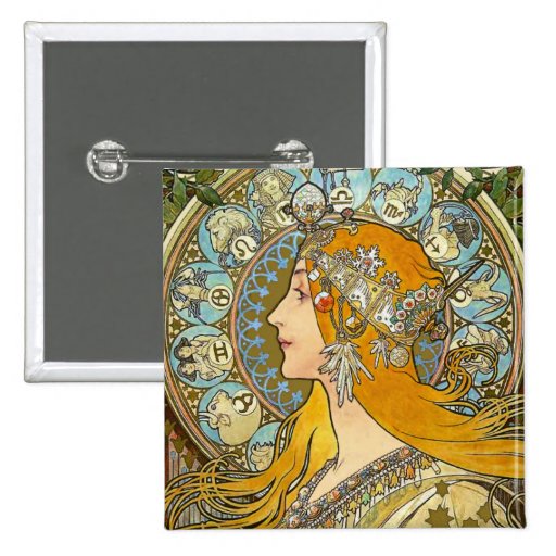 Mucha Art Nouveau Button -  Zodiac  - La Plume