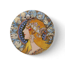Mucha Art Nouveau Poster -  Zodiac  - La Plume Pinback Buttons