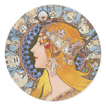 Mucha Art Nouveau Poster -  Zodiac  - La Plume Round Sticker