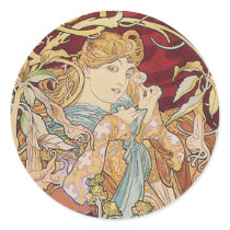 Mucha Art Nouveau: Woman With Daisy Round Sticker