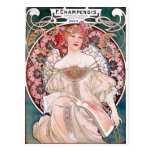 Mucha Champenois paris pink dress lady art deco Postcard