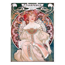 Mucha Champenois paris pink dress lady art deco Postcard