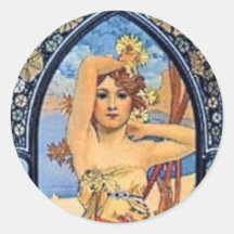 mucha day woman art deco flowers female round sticker