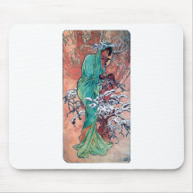Mucha Winter art nouveau lady sparrows birds Mouse Pads