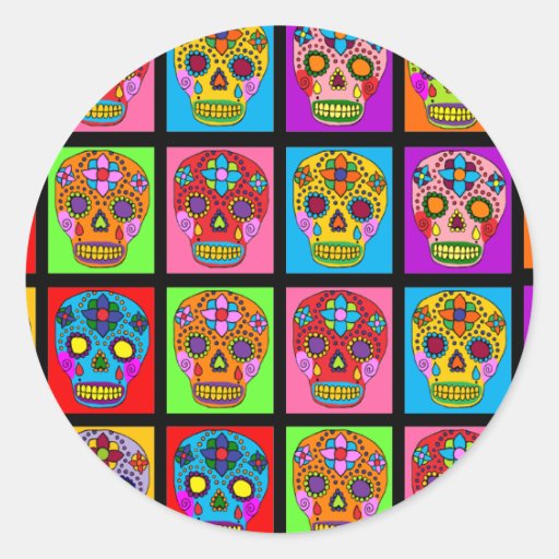 Multicolor Sugar Skull Squares Round Sticker