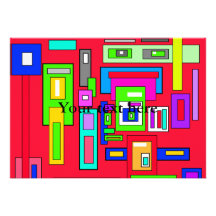 Multicolored squares and rectangle pattern on red personalized announcements