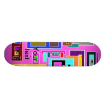 Multicolored squares and rectangles on pink skateboard decks