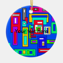Multicoloured squares and rectangles on blue christmas ornament