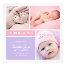 Multiple Photo Birth Announcement | Pink Purple