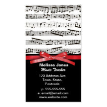 Music notes and faux red ribbon bow business card templates