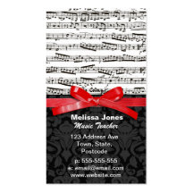 Music notes and faux red ribbon business card